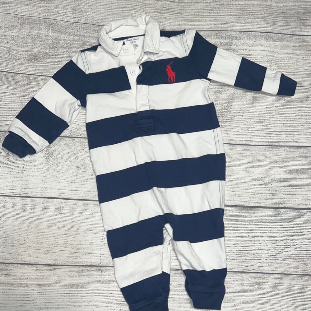 Ralph Lauren blue and white  striped long sleeve jumpsuit  size 6 months